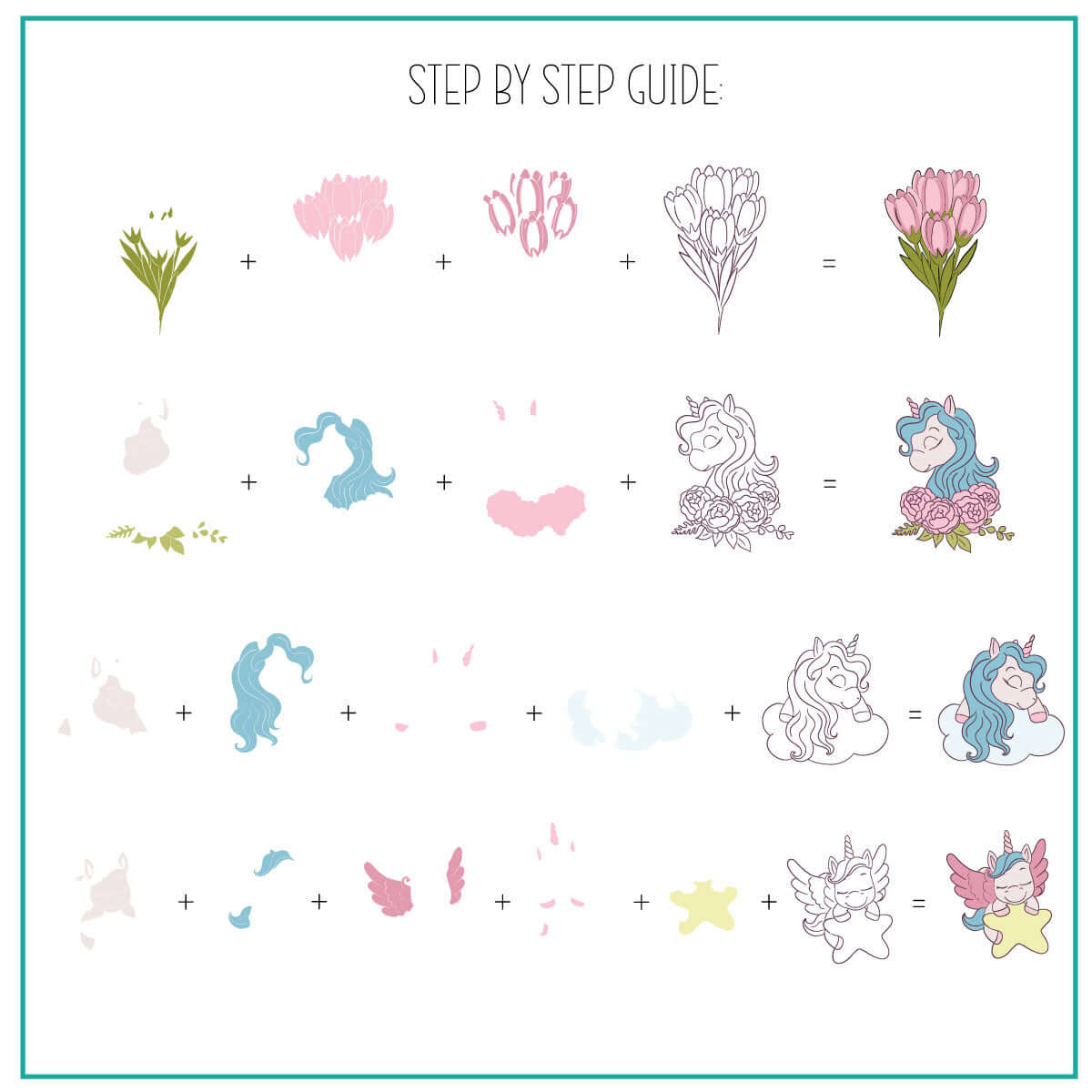 layered-nail-art-stamping-plate-how-to-card-with-colorful-designs-of-unicorns-musical-notes-and-sweet-treats