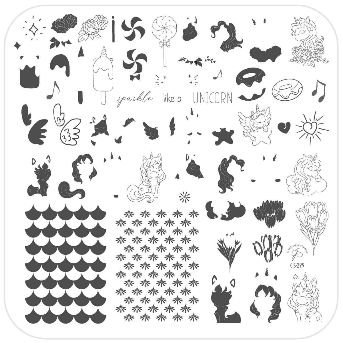 layered-nail-art-stamping-plate-with-designs-of-unicorns-musical-notes-and-sweet-treats