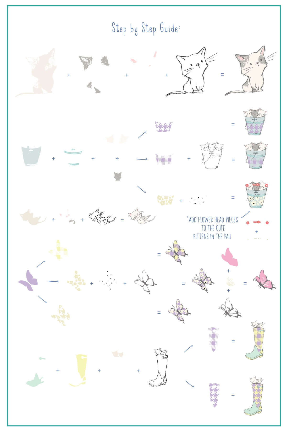 layered-nail-art-stamping-plate-how-to-card-showing-colorful-designs-of-kittens-butterflies-flowers-and-rain-boots