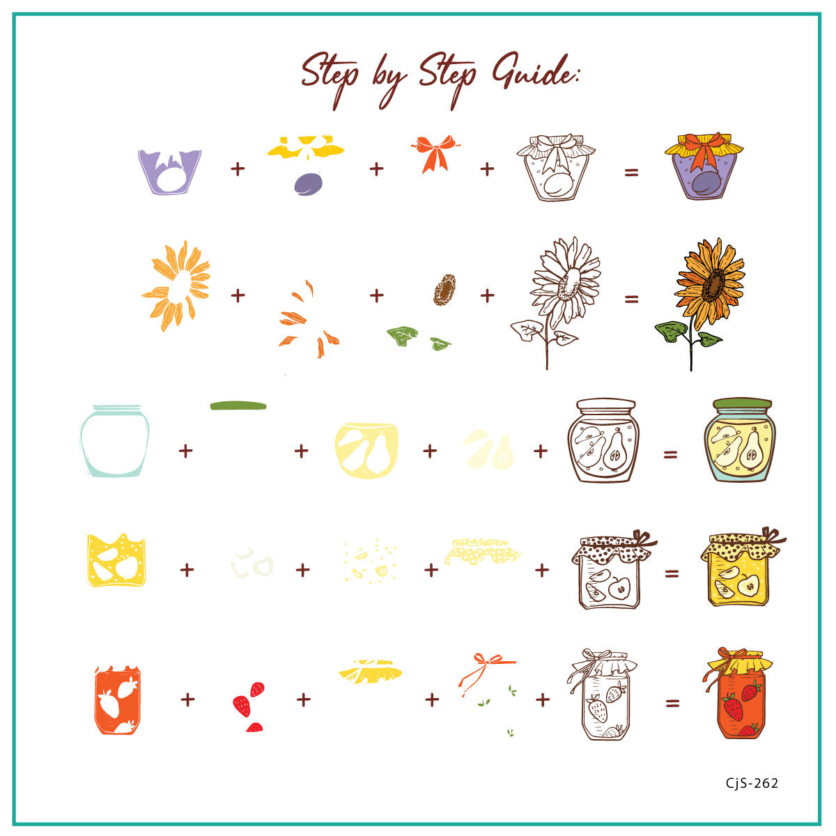 layered-nail-art-stamping-plate-inspo-card-with-colorful-designs-of-jam-jars-and-sunflowers