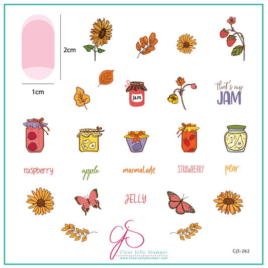 layered-nail-art-stamping-plate-inspo-card-with-colorful-designs-of-jam-jars-sunflowers-butterflies-and-words-for-nail-art