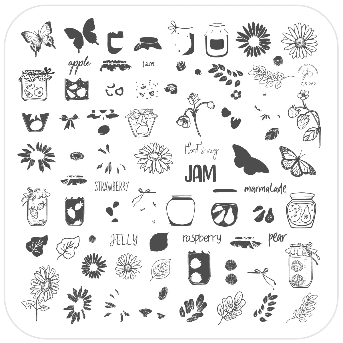 layered-nail-art-stamping-plate-with-designs-of-jam-jars-sunflowers-butterflies-and-words-for-nail-art