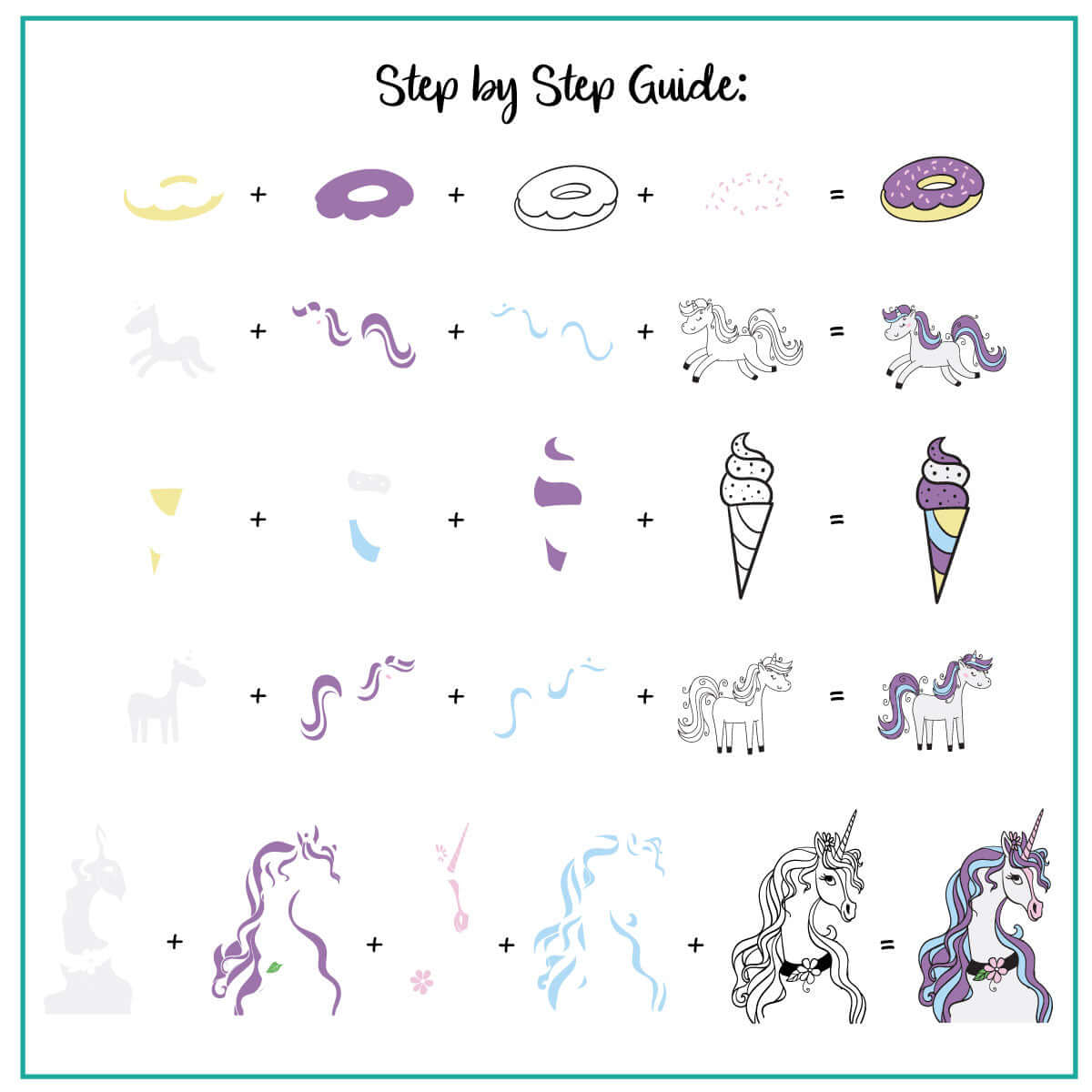 layered-nail-art-stamping-plate-how-to-card-showing-colorful-designs-of-unicorns-stars-crowns-butterflies-and-words-for-nail-art