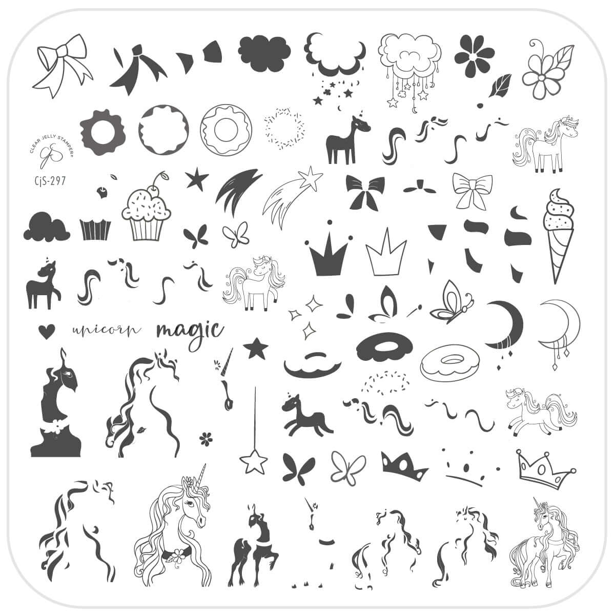 layered-nail-art-stamping-plate-showing-designs-of-unicorns-stars-crowns-butterflies-and-words-for-nail-art