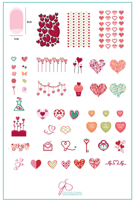 layered-nail-art-stamping-plate-inspo-card-showing-colourful-designs-of-hearts-cupcakes-lock-and-keys-and-swirls