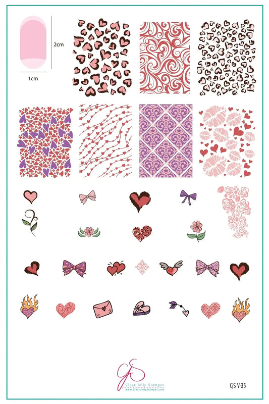 layered-nail-art-stamping-plate-inspo-card-with-colourful-designs-of-heart-animal-print-swirls-bows-winged-hearts-flowers-and-lipstick-marks