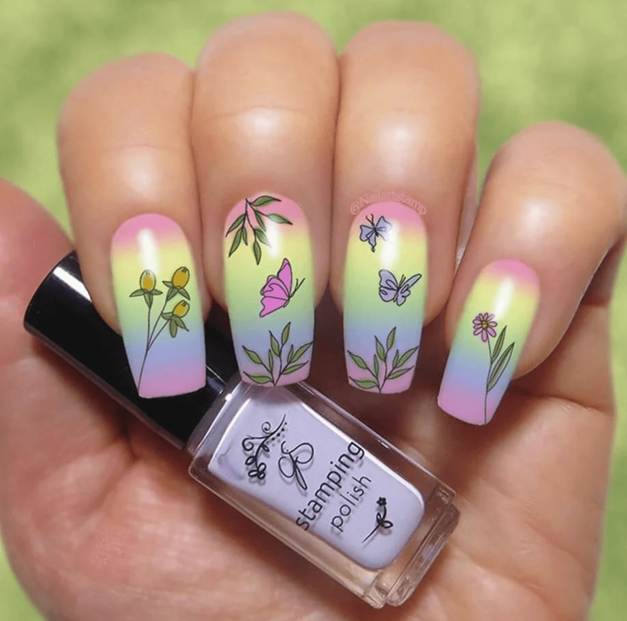 stunning-ombre-manciure-with-nail-art-stamping-designs-of-meadow-flowers-and-butterflies