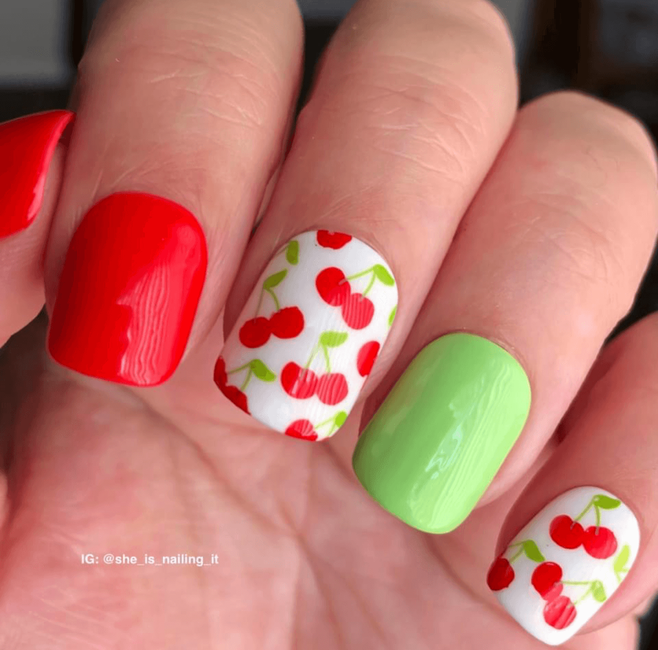 bright-manicure-with-full-coverage-nail-art-designs-of-cherries