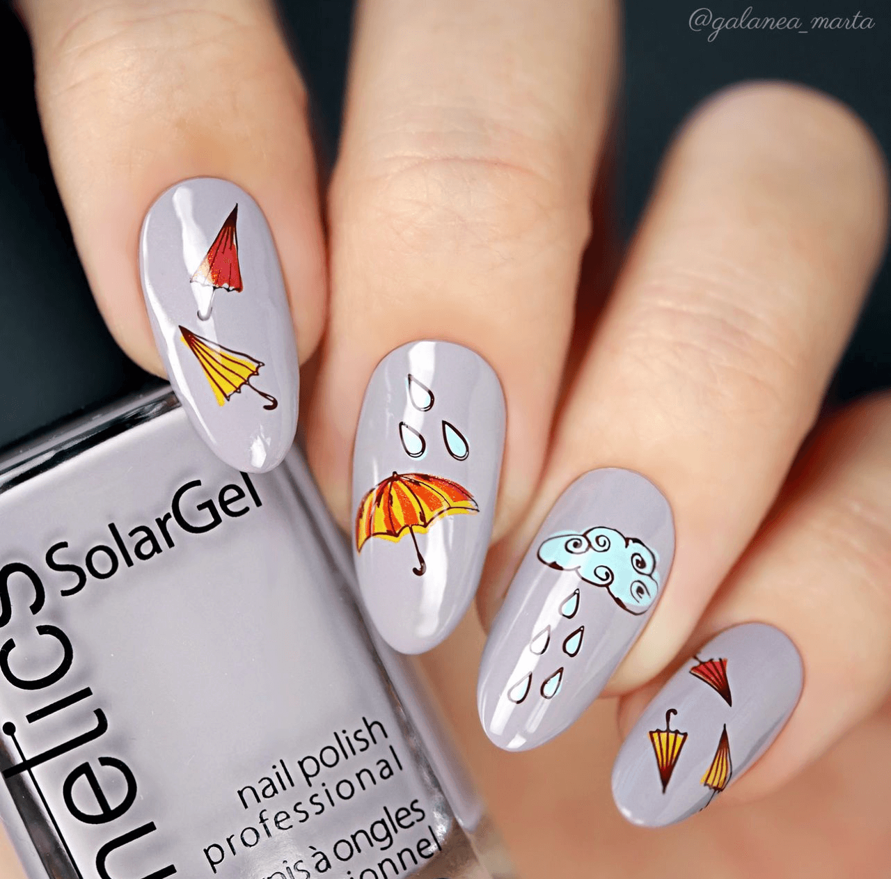 stunning-manicure-showing-nail-art-designs-of-umbrellas-clouds-and-raindrops