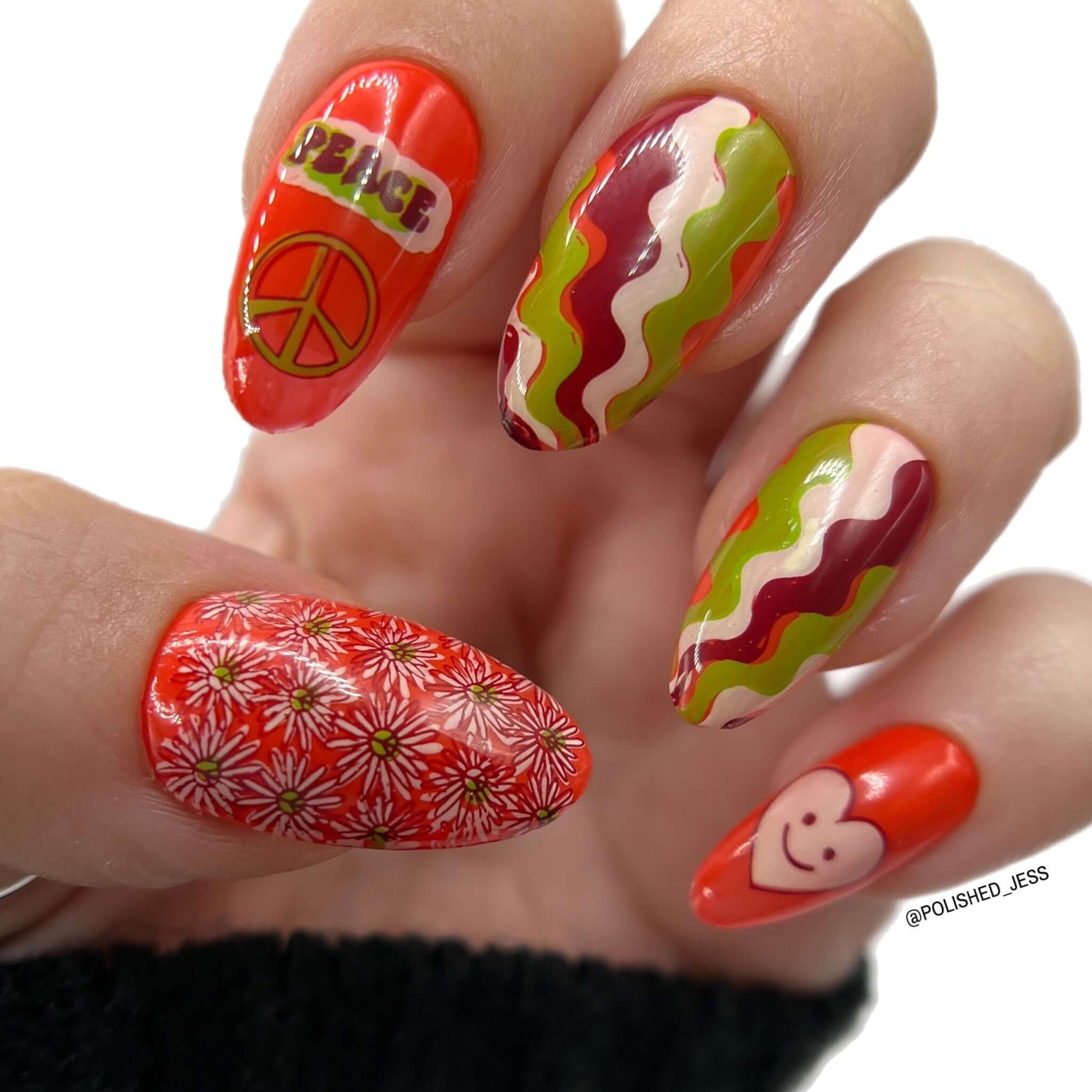 gorgeous-manicure-with-60's-style-nail-art-design-with-waves-a-heart-and-peace-sign