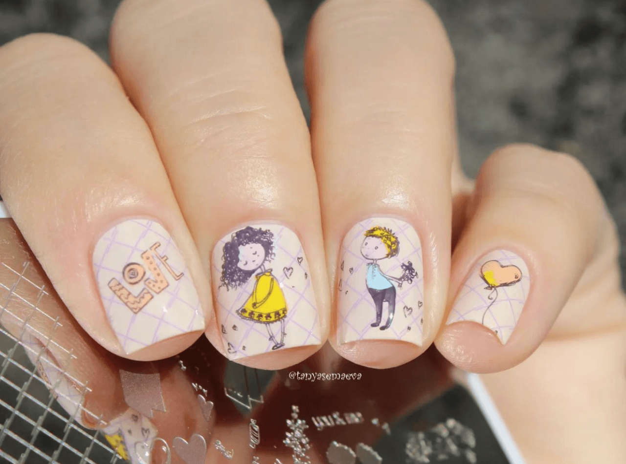 manicure-with-stunning-nail-art-designs-of-cartoon-couple-with-heart-balloon-and-the-word-love