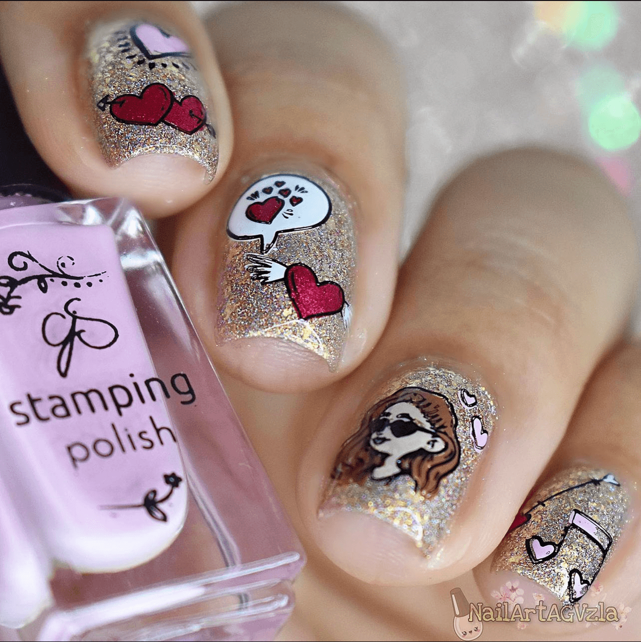 stunning-manicure-showing-layered-nail-art-designs-of-hearts-music-notes-and-a-gril-with-heart-glasses