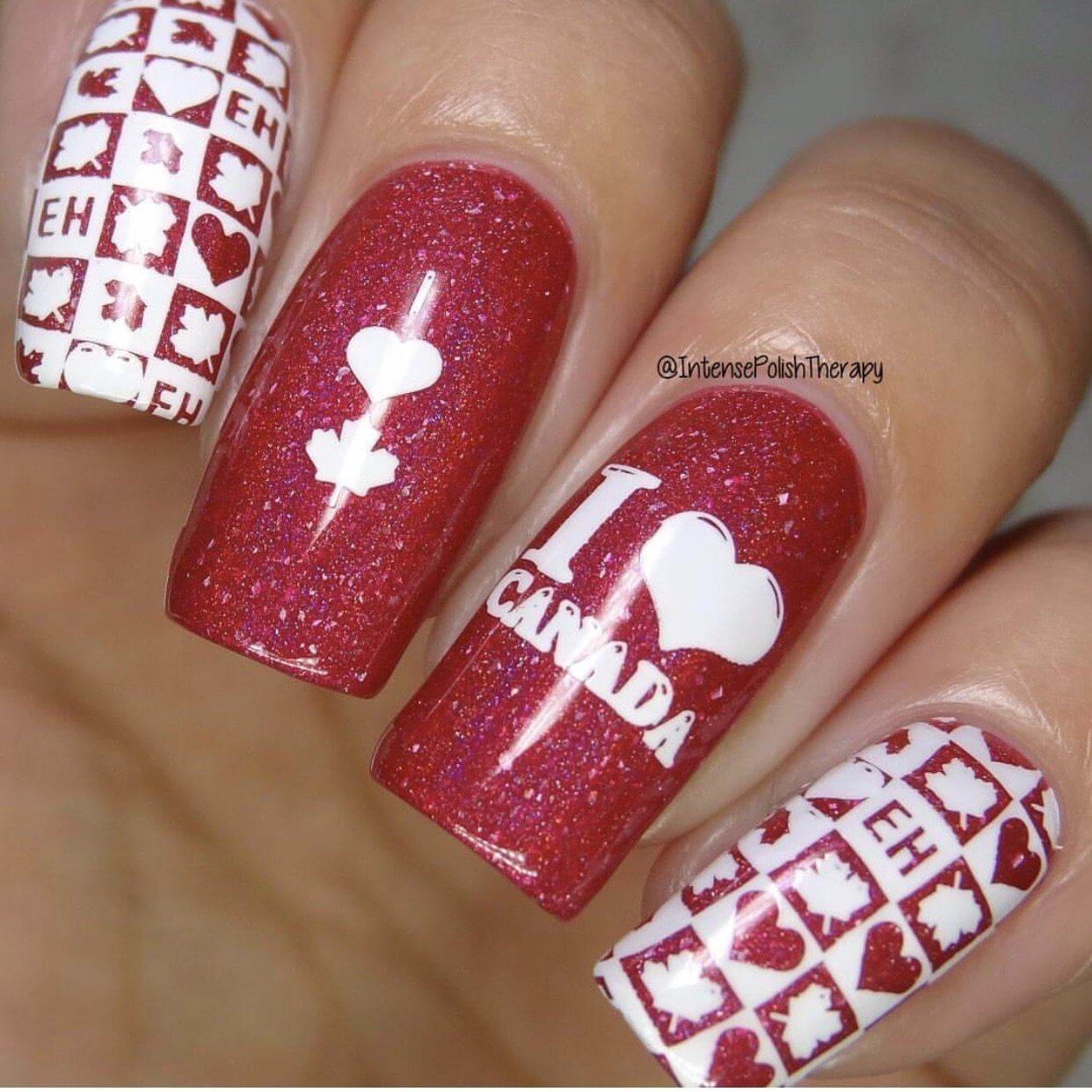 shimmery-red-manicure-with-i-love-canada-and-maple-leaves-in-nail-art