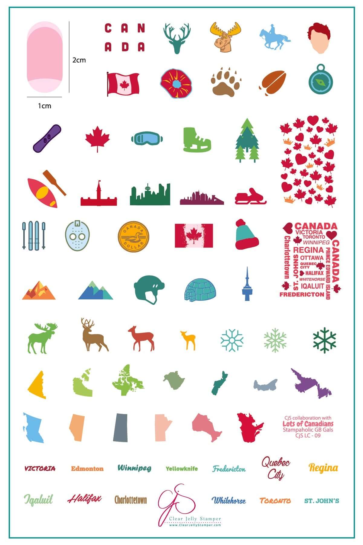 layered-nail-art-stamping-plate-inspo-card-with-colorful-designs-of-maple-leaves-mountains-canadian-provinces-and-words-for-nail-art