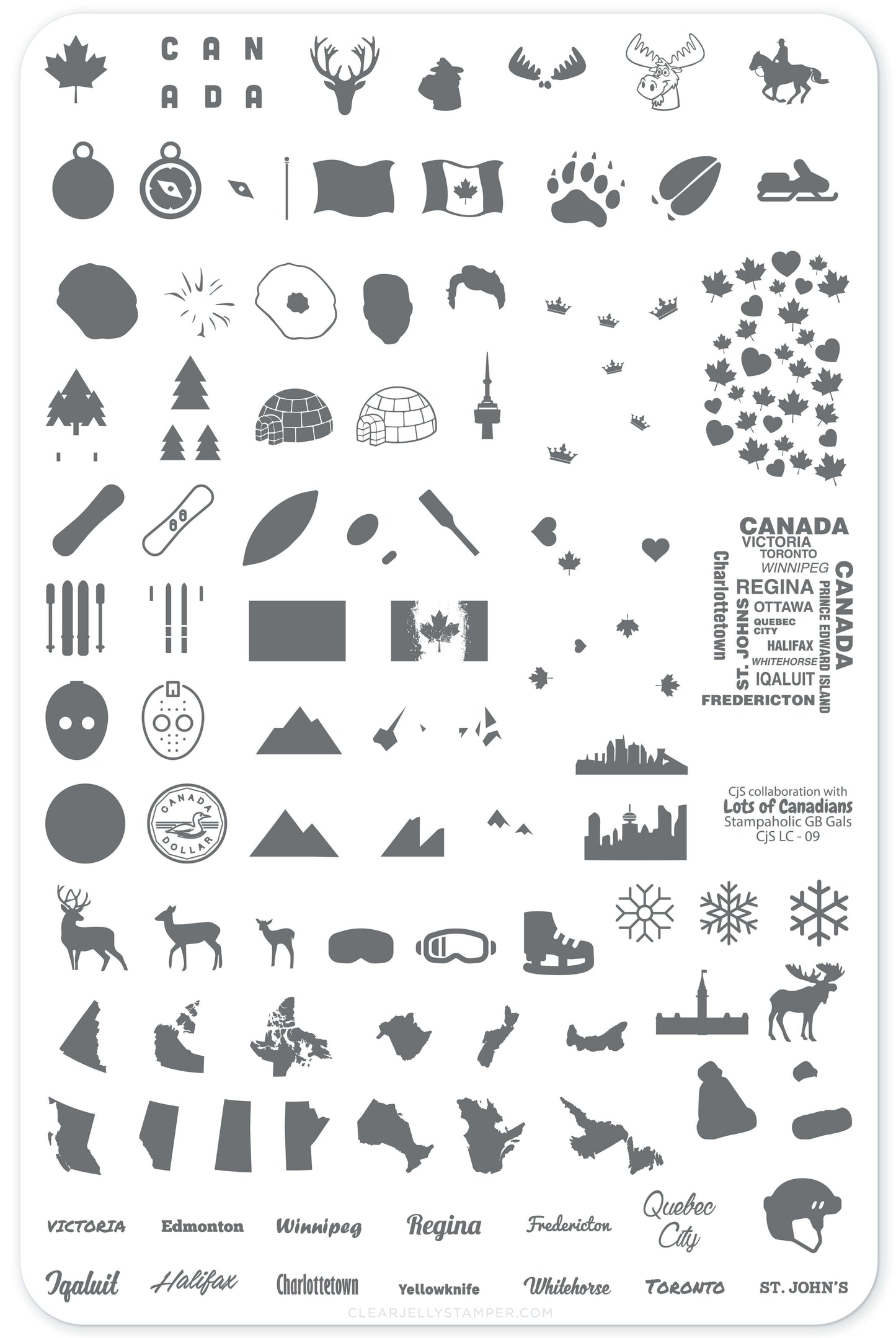 layered-nail-art-stamping-plate-inspo-card-with-designs-of-maple-leaves-mountains-canadian-provinces-and-words-for-nail-art