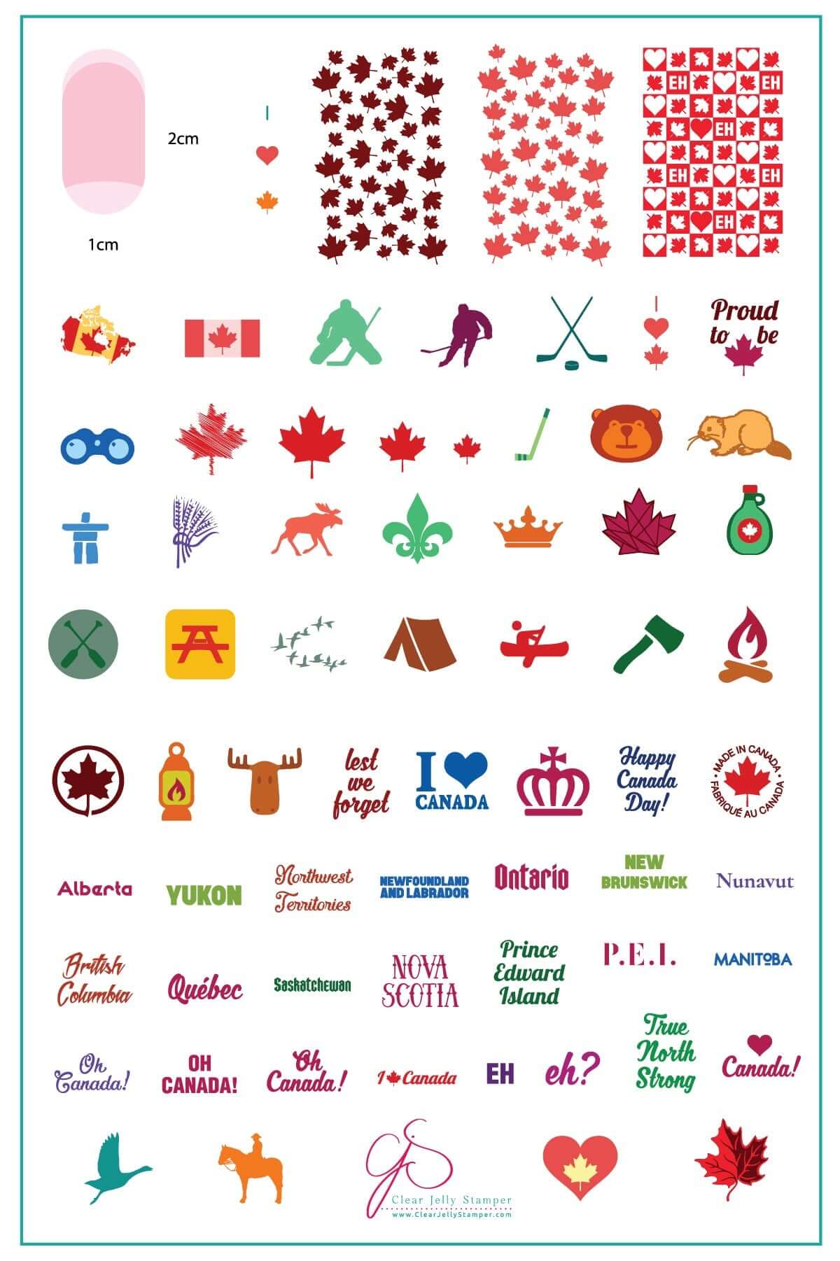 layered-nail-art-stamping-plate-inspo-card-with-colorful-canadiana-designs-of-maple-leaves-beavers-moose-gnomes