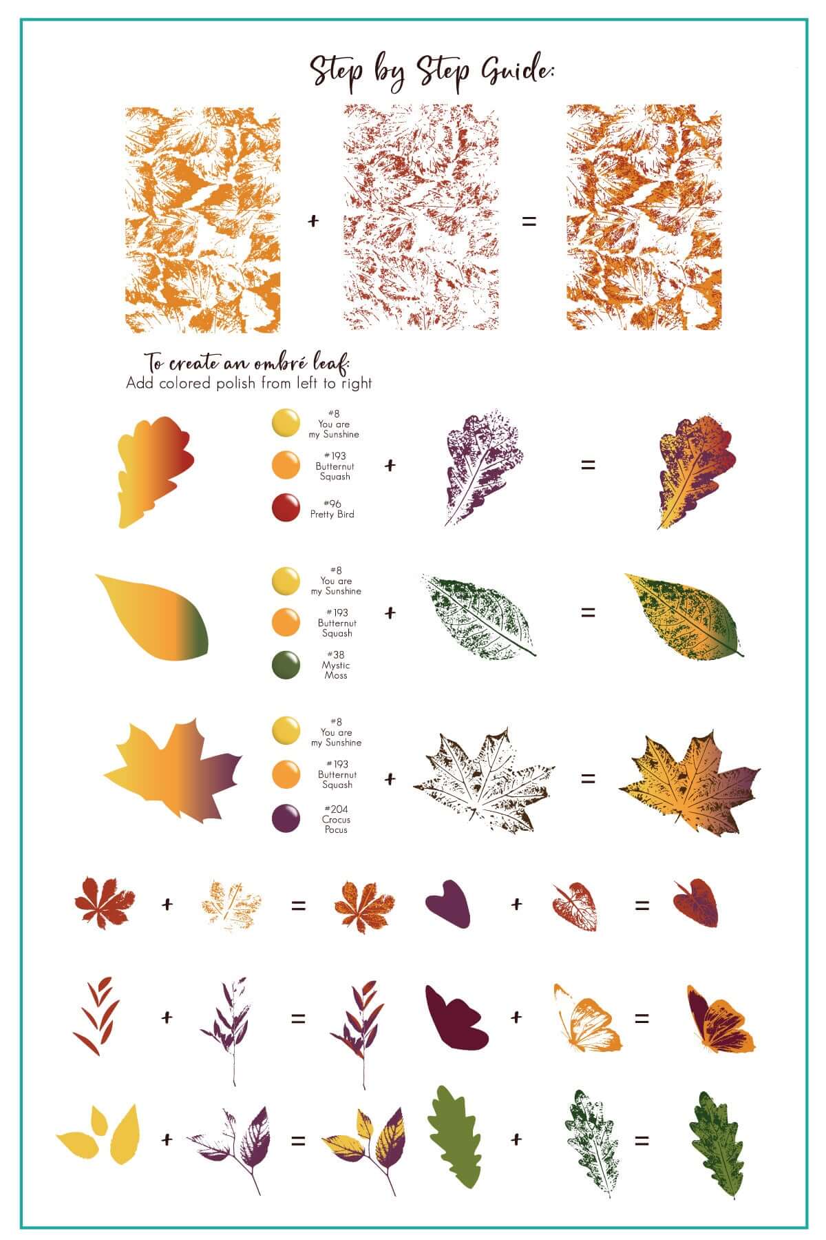 layered-nail-art-stamping-plate-how-to-card-showing-colorful-autumn-leaves-and-leaf-vein-full-coverage-patterns