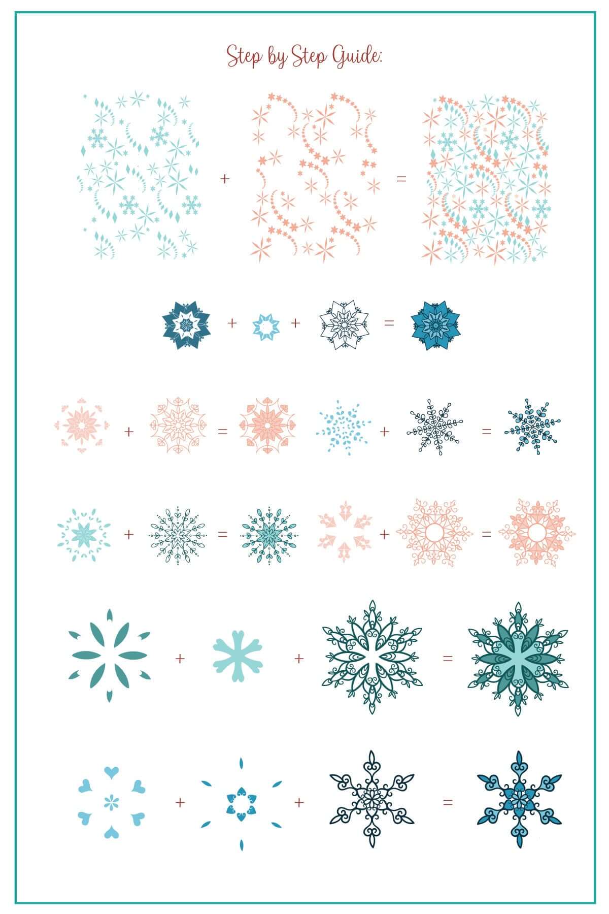 layered-nail-art-stamping-plate-how-to-card-showing-colourful-designs-of-snowflakes-with-different-sizes-and-patterns