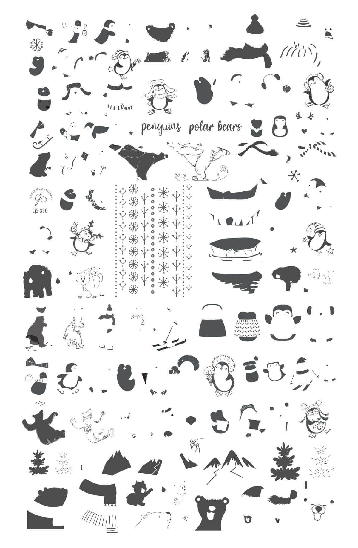 layered-nail-art-stamping-plate-with-cute-penguins-and-polar-bear-designs-snowflakes-and-words-for-nail-art