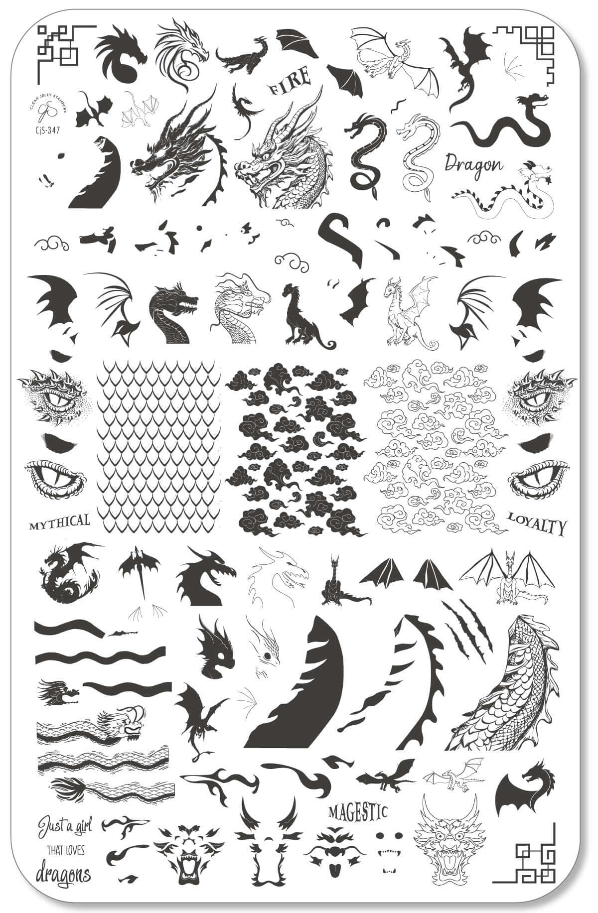 layered-nail-art-stamping-plate-with-colorful-dragon-designs-fire-and words-for-nail-art