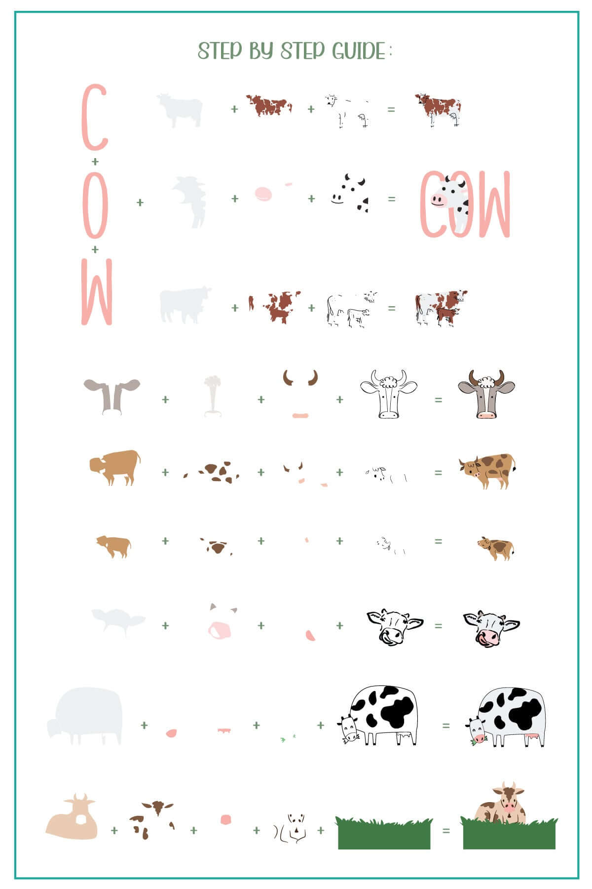 layered-nail-art-stamping-plate-how-to-card-showing-colorful-designs-of-cows-cow-print-and-words-for-nail-art