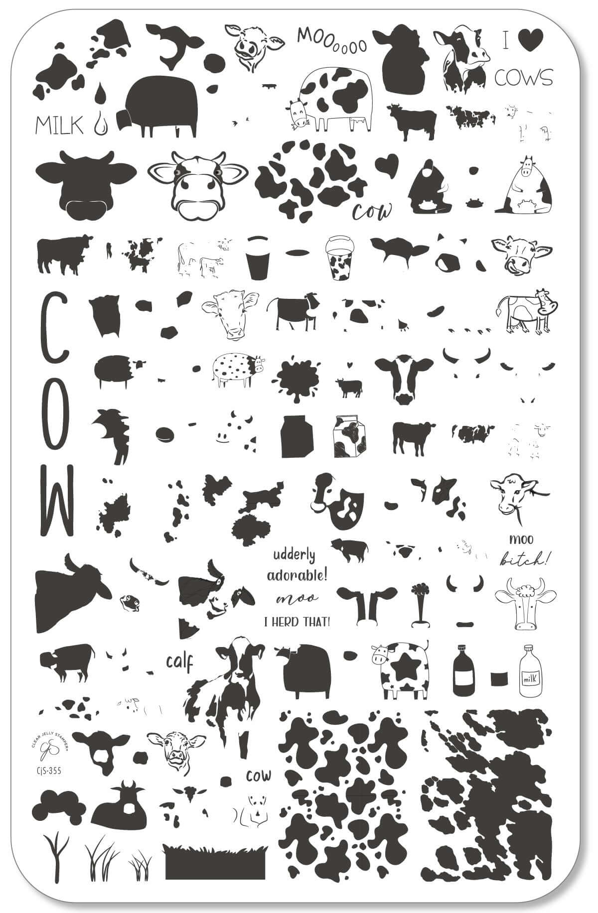 layered-nail-art-stamping-plate-showing-designs-of-cows-cow-print-and-words-for-nail-art
