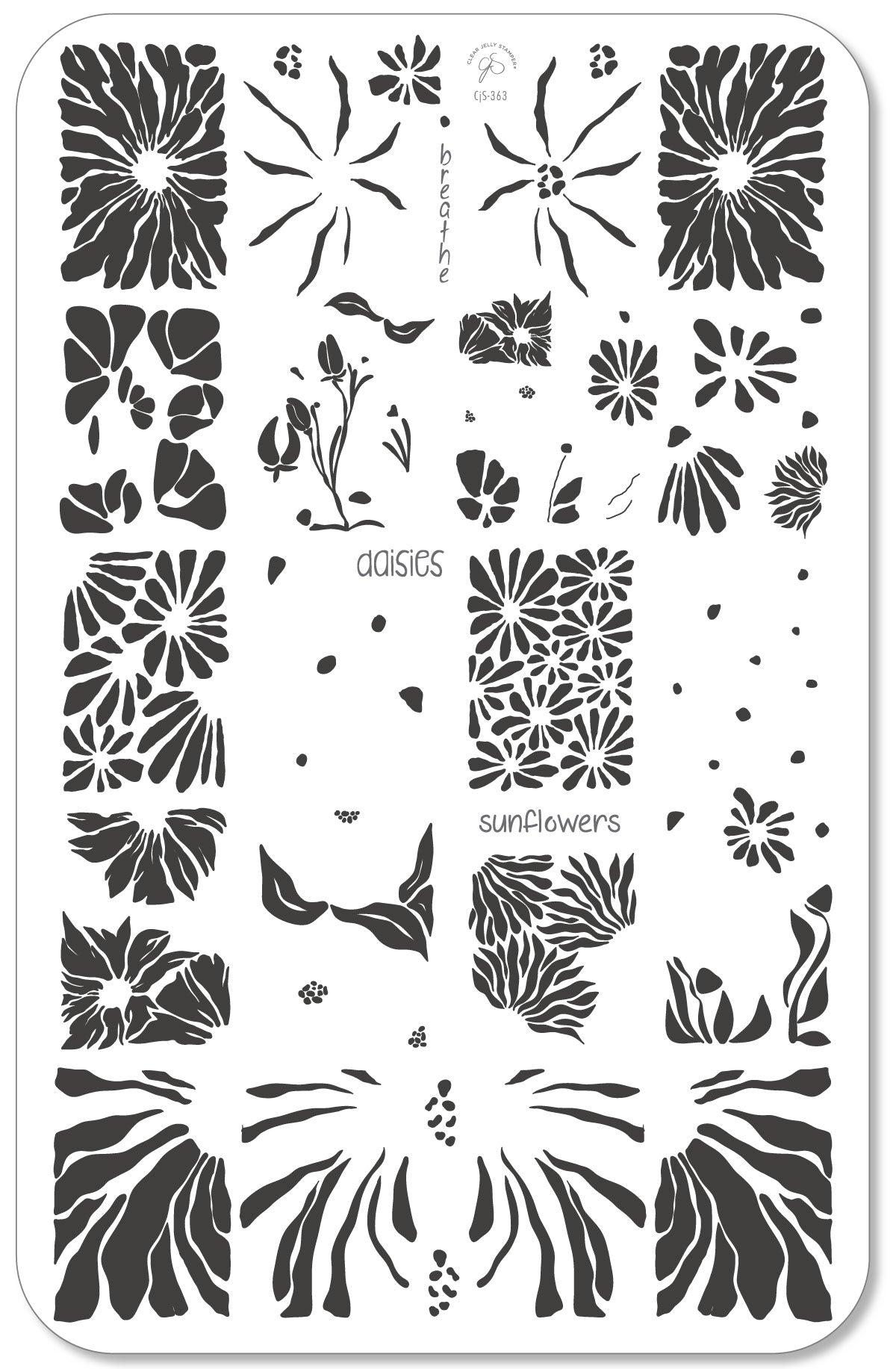 layered-nail-art-stamping-plate-with-abstract-flowers-sunflowers-daisies-and-words-for-nail-art