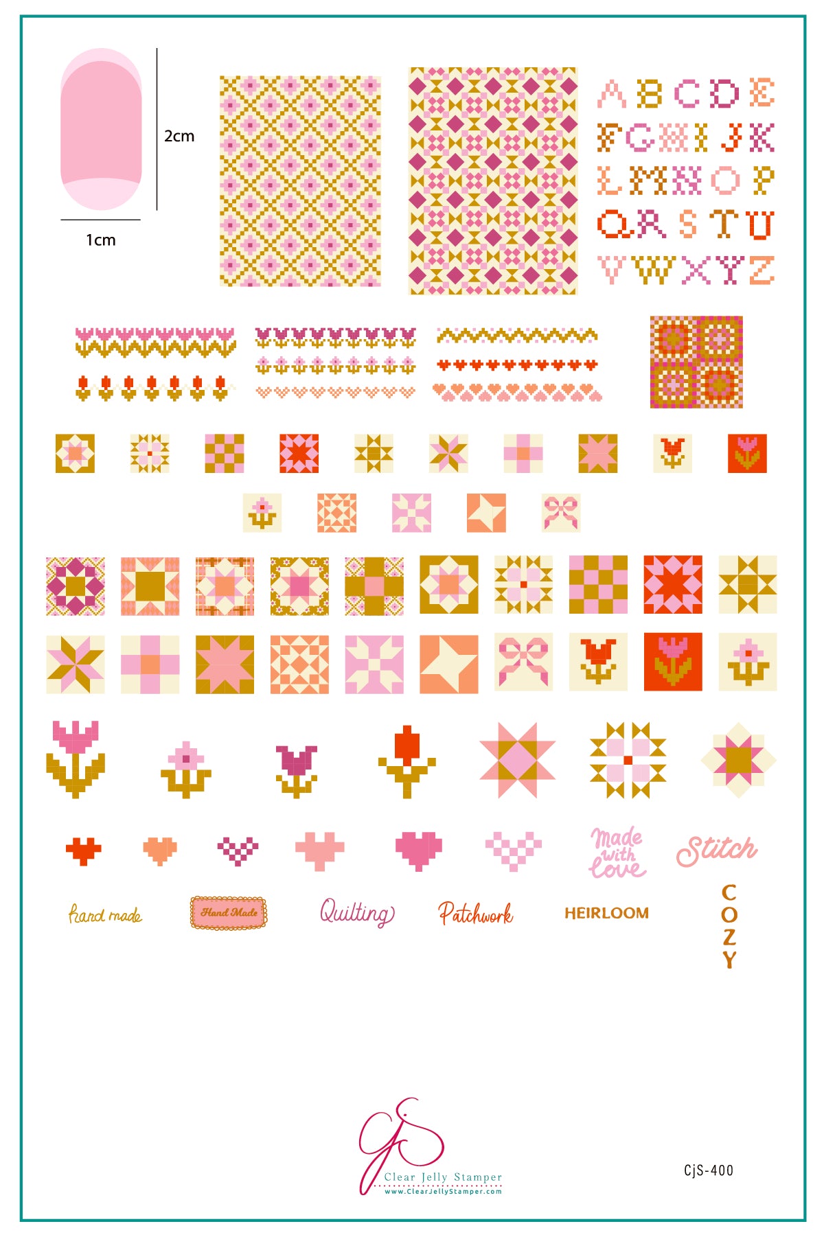 Collection of colorful quilt patterns, letters, and symbols on a white background with a green border.