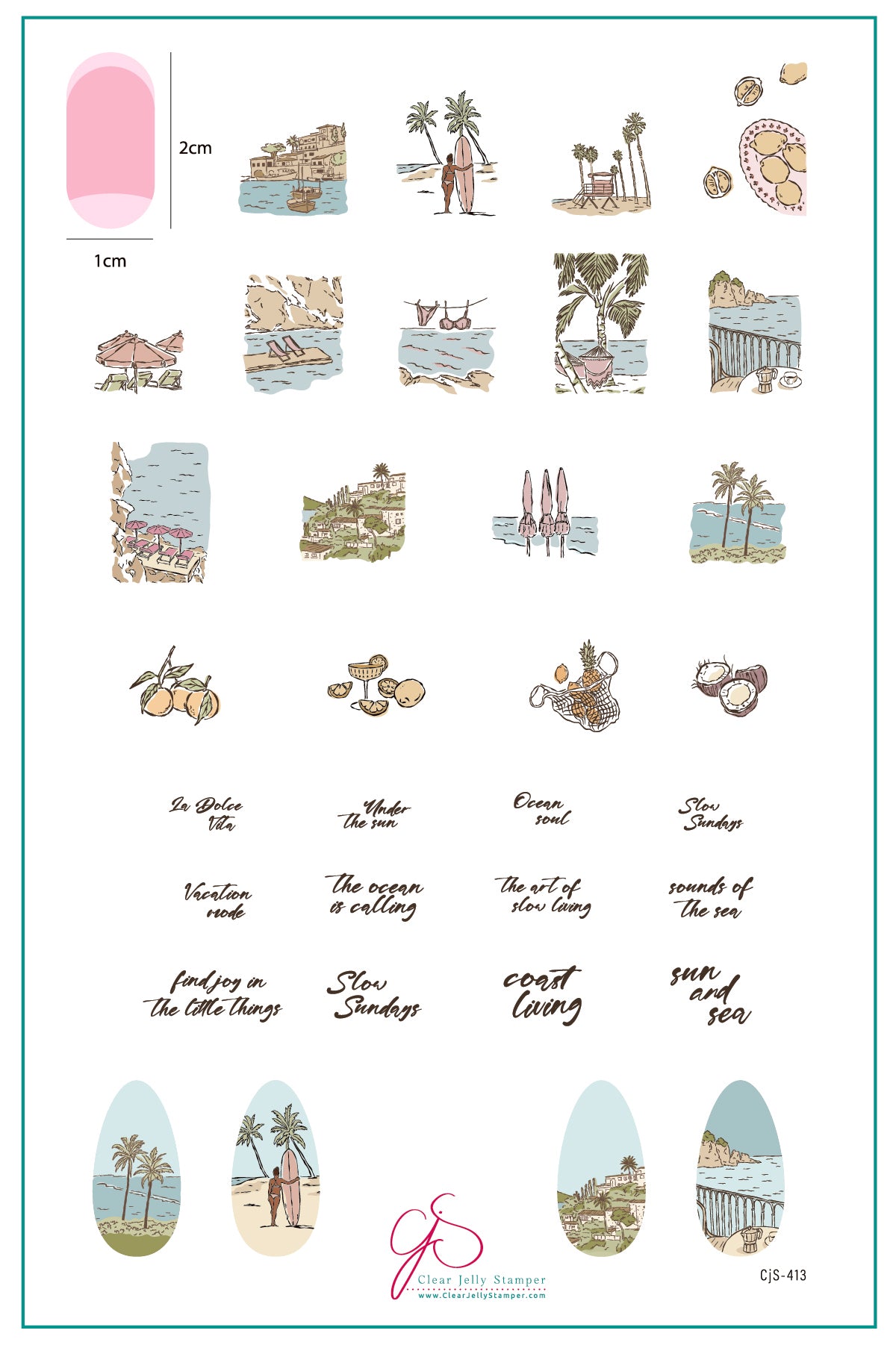 Collection of illustrated nail art designs with text on a white background