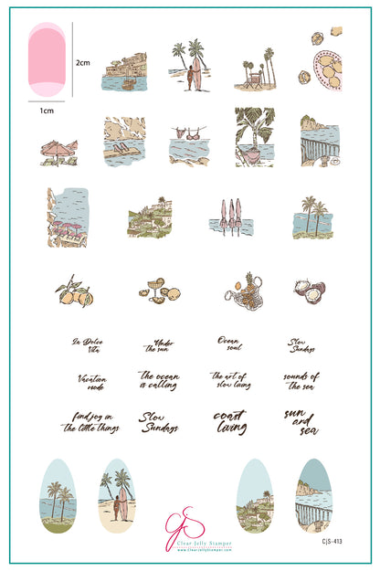Collection of illustrated nail art designs with text on a white background