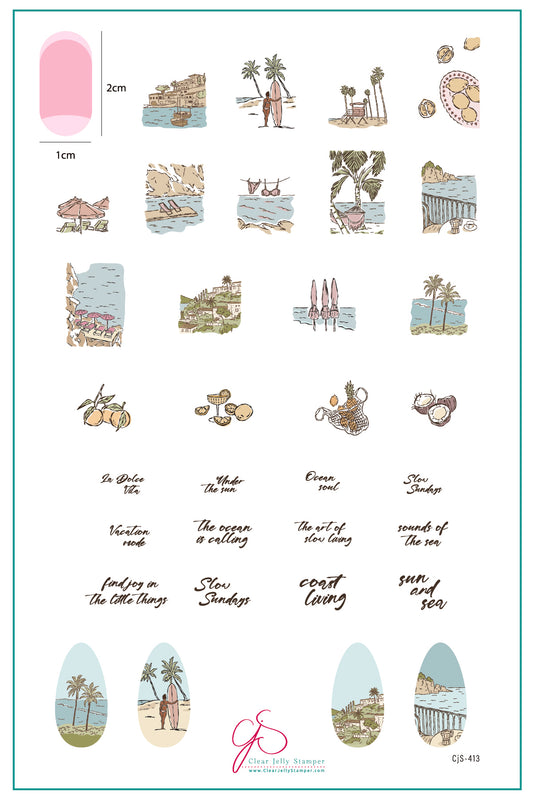 Collection of illustrated nail art designs with text on a white background