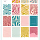 A sheet of 16 nail wrap designs featuring various wavy, spiral, and striped optical illusion patterns in pink, yellow, teal, and magenta, with a size reference of 1cm by 2cm in the top left and a brand logo at the bottom.