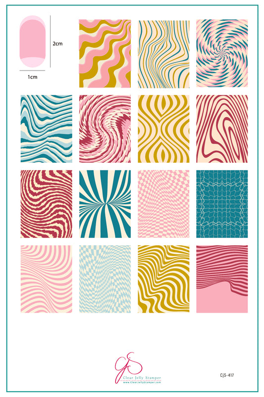 A sheet of 16 nail wrap designs featuring various wavy, spiral, and striped optical illusion patterns in pink, yellow, teal, and magenta, with a size reference of 1cm by 2cm in the top left and a brand logo at the bottom.