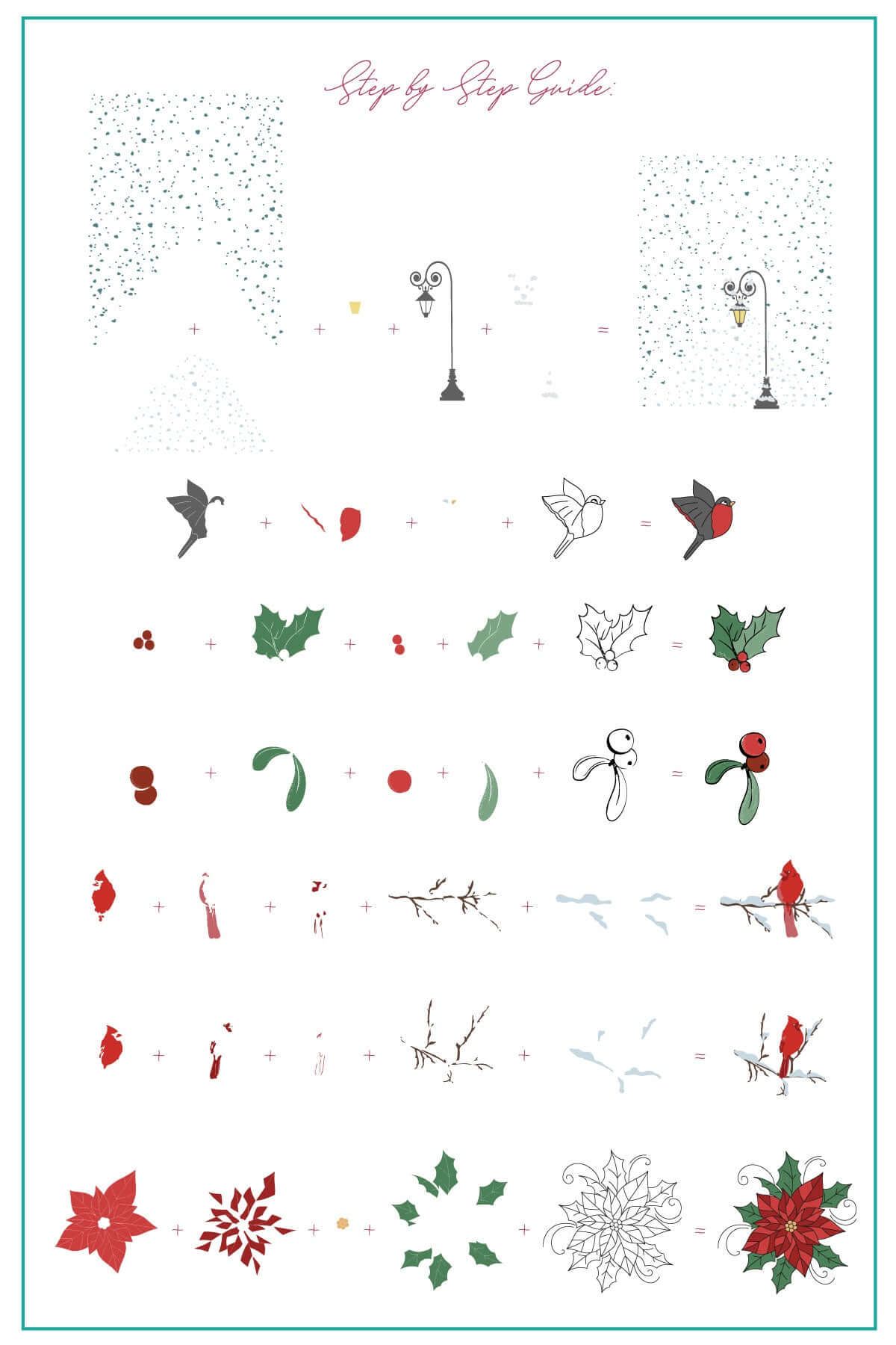 layered-nail-art-stamping-plate-how-to-card-with-coloful-winter-images-of-poinsettas-robins-trees-and-holly-berries