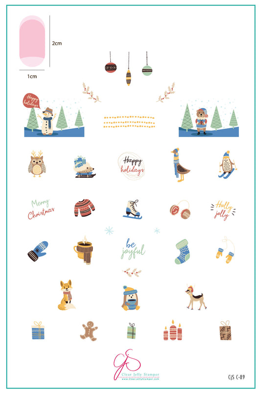 clear-jelly-stamper-layered-nail-art-stamping-plate-inspo-card-with-colorful-designs-of-gifts-ice-skates-woodland-animals-and-words-of-nail-art
