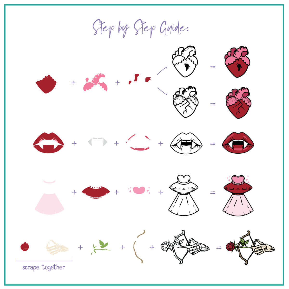 layered-nail-art-stamping-plate-how-to-card-showing-colorful-designs-of-a-rose-bow-an-arrow-lips-with-fangs-and-a-heart