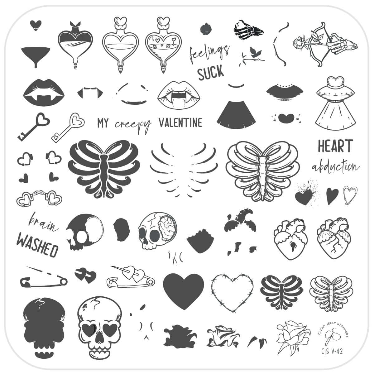 layered-nail-art-stamping-plate-showing-designs-of-roses-hearts-creepy-skulls-and-words-for-nail-art