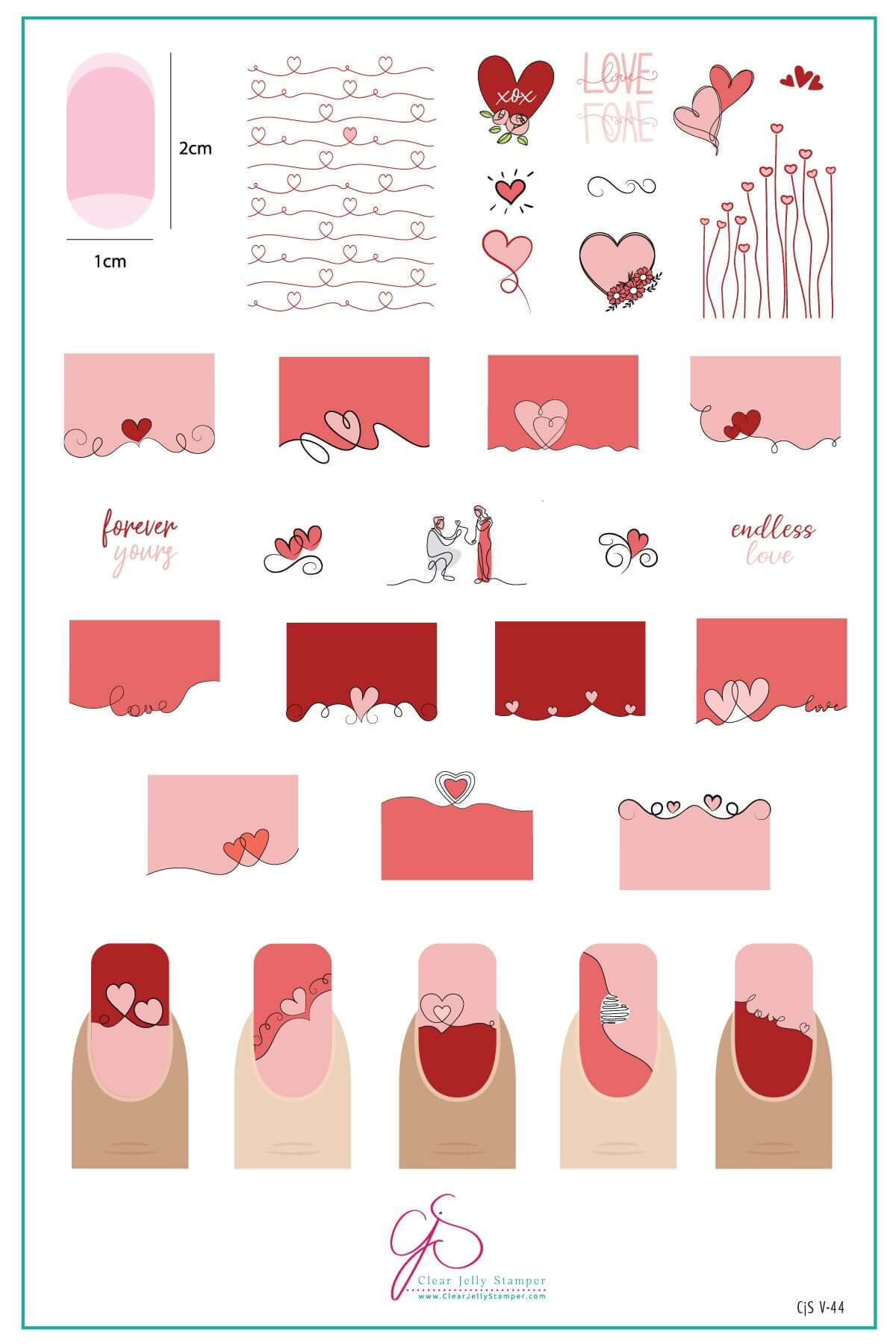layered-nail-art-stamping-plate-inspo-card-with-colorful-designs-of-swirly-heart-and-french-tip-heart-designs-with-words-for-nail-art