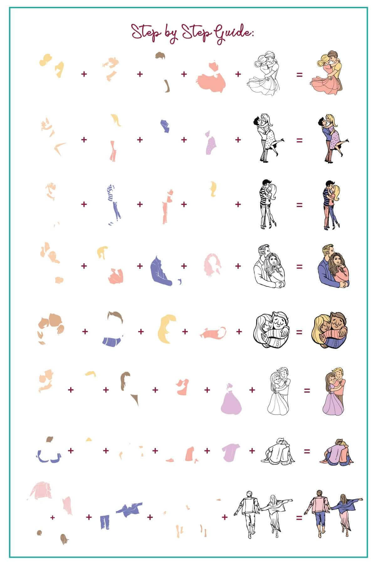 layered-nail-art-stamping-plate-inspo-card-with-colorful-images-of-couples-holding-hands-hugging-in-and-sitting-together