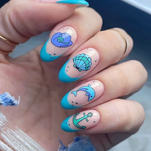stunning-French-manicure-with-nail-art-designs-of-a-dolphin-cowboy-hat-anchor