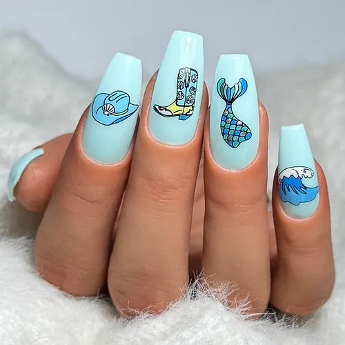 beautiful-manicure-showing-nail-art-designs-of-a-mermaids-tail-waves-and-a-cowboy-boot