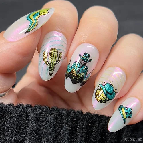 beautiful-manciure-showing-nail-art-designs-of-a-cdisco-cowgirl-disco-cactus-and-cowboy-hats