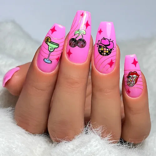 stunning-manicure-showing-disco-themed-nail-art-disco-ball-lips-cocktail-glass-disco-ball-cherries