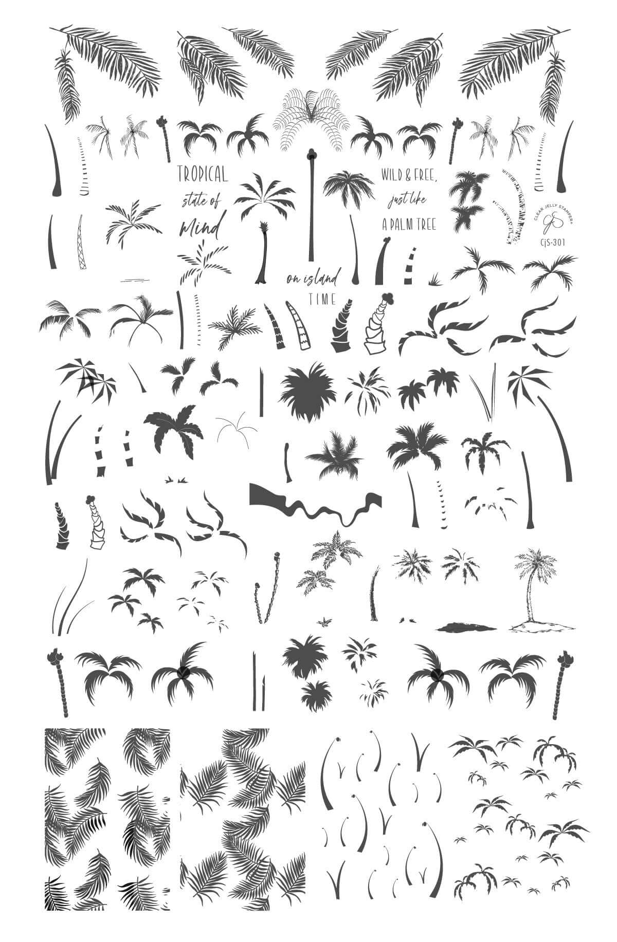 layered-nail-art-stamping-plate-with-designs-of-palm-trees-palm-leaves-and-words-for-nail-art