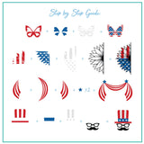 layered-nail-art-stamping-plate-how-to-card-with-star-and-stripes-nail-art-designs-of-sunglasses-moustache-eagle-and-words-for-nail-art