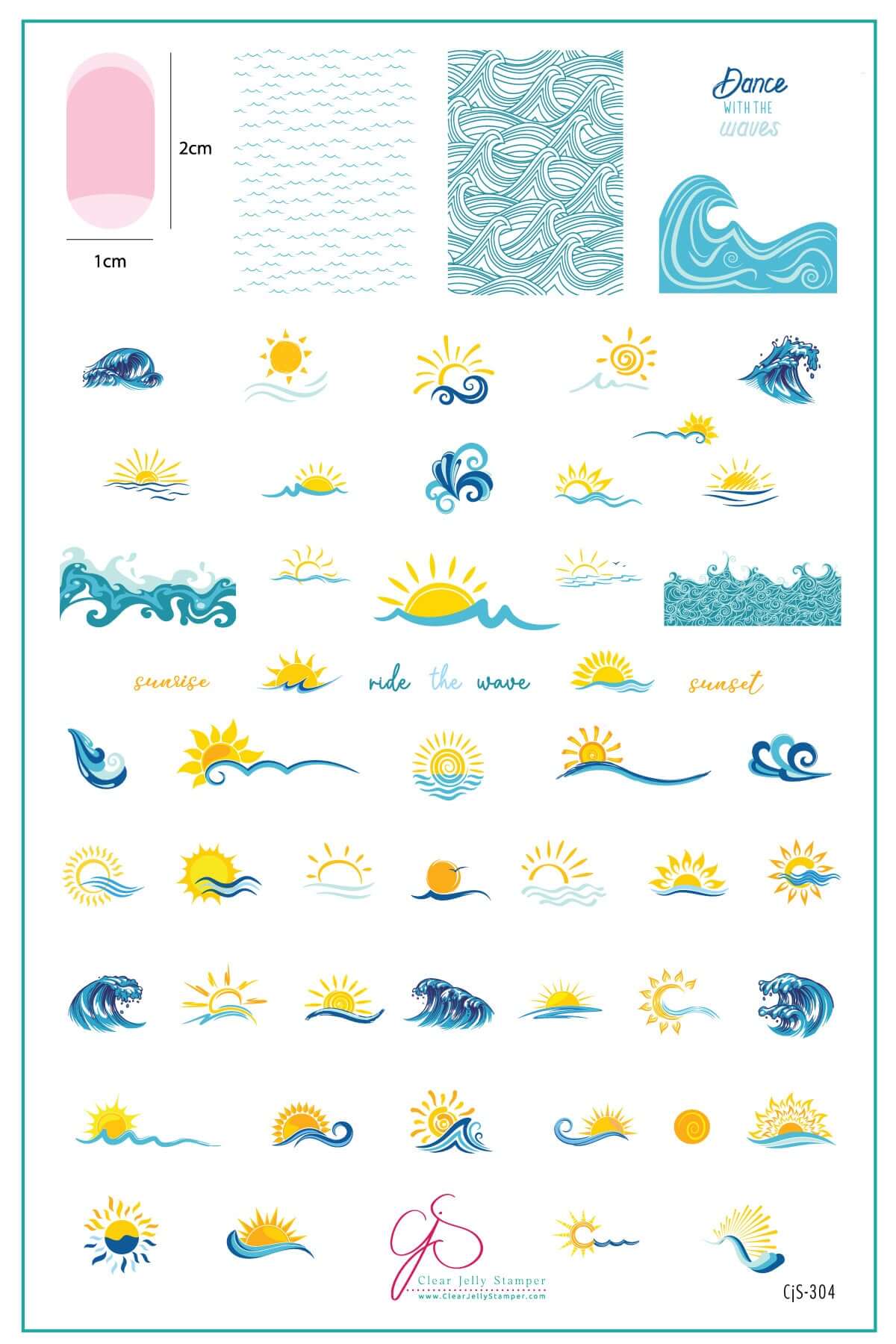 layered-nail-art-stamping-plate-inspo-card-showing-colorful-designs-of-suns-and-waves-with-words-for-nail-art