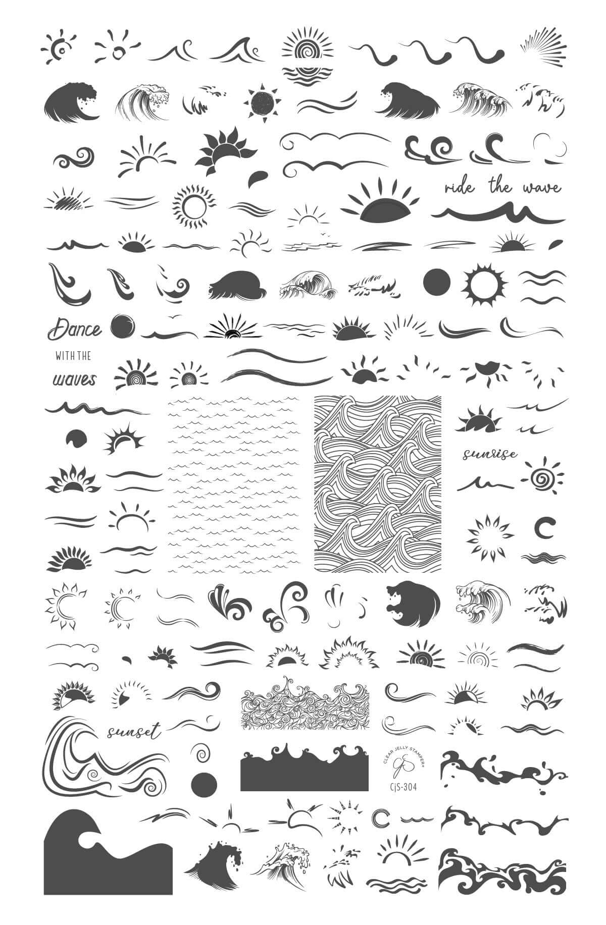 layered-nail-art-stamping-plate-showing-designs-of-suns-and-waves-with-words-for-nail-art