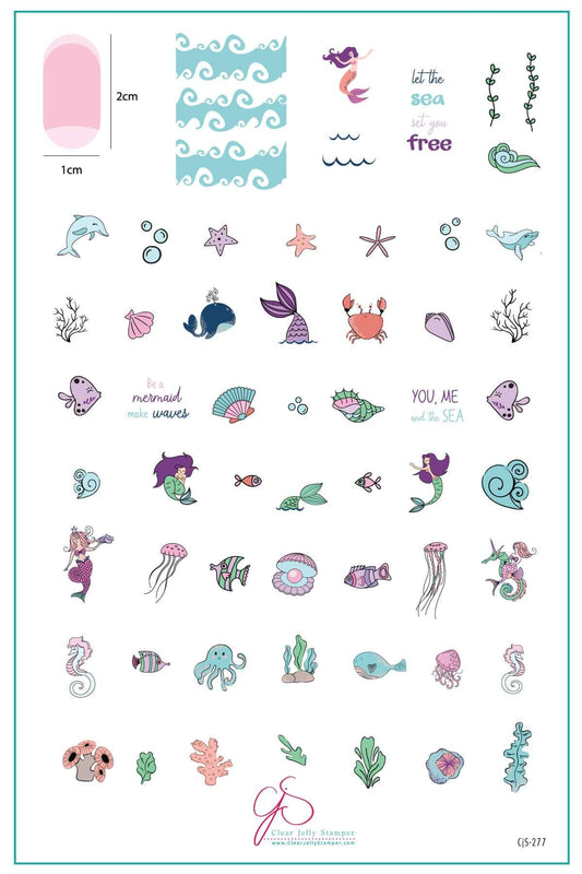 layered-nail-art-stamping-plate-inspo-card-with-colorful-designs-of-mermaids-waves-coral-fish-and-words-for-nail-art