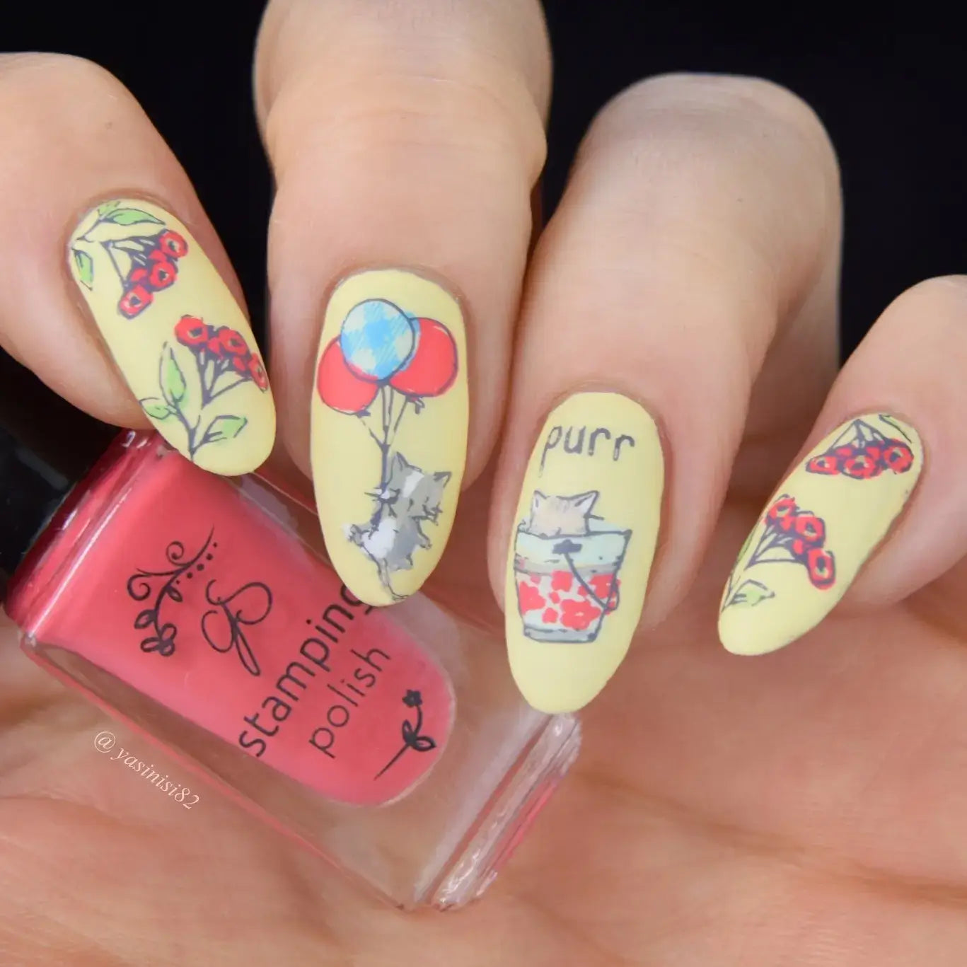 manicure-showing-nail-art-designs-of-a-kitten-with-balloons-and-flowers