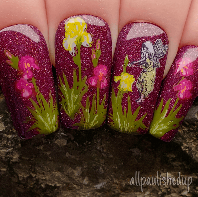 shimmery-manicure-showing-nail-art-designs-of-fairies-in-the-grass-with-flowers